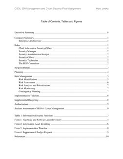 CSOL 550 Management and Cyber Security Final Assignment 
Marc Leeka 
 
 
 
Table of Contents, Tables and Figures 
 
 
 
Execu