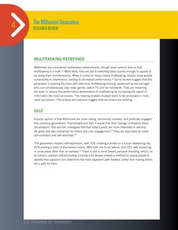 The Millennial Generation 
Research Review
4
U.S. CHAMBER OF COMMERCE
MULTITASKING REDEFINED
Millennials are considered multi