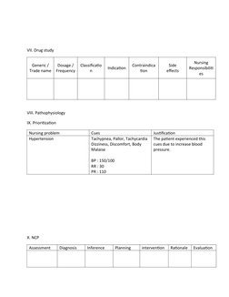 VII. Drug study 
Generic /
Trade name
Dosage /
Frequency
Classificatio
n
Indication
Contraindica
tion
Side
effects
Nursing
Re