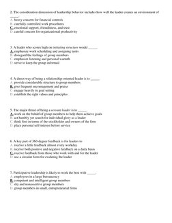 2. The consideration dimension of leadership behavior includes how well the leader creates an environment of 
_____.  
A. hea