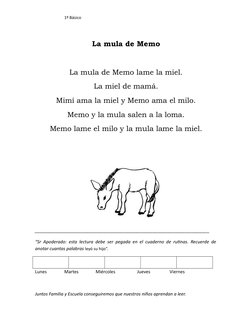 1º Básico 
La mula de Memo
La mula de Memo lame la miel.
La miel de mamá.
Mimí ama la miel y Memo ama el milo.
Memo y la mula