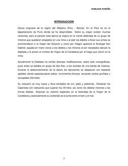 DIABLADA PUNEÑA  
2 
 
 
INTRODUCCIÓN 
Danza originaria de la región del Altiplano (Perú - Bolivia). En el Perú es en el 
dep