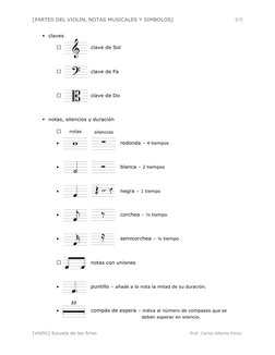[PARTES DEL VIOLIN, NOTAS MUSICALES Y SIMBOLOS] 
2/5 
[violín] Escuela de las Artes 
Prof. Carlos Alberto Pérez 
 
 
silencio
