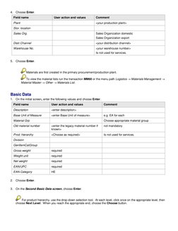 4. Choose Enter.  
Field name 
User action and values 
Comment 
Plant 
 
<your production plant> 
Stor. location 
 
 
Sales O