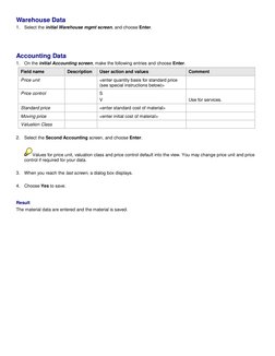 Warehouse Data 
1. Select the initial Warehouse mgmt screen, and choose Enter. 
 
 
 
Accounting Data 
1. On the initial Acco