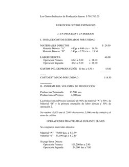Los Gastos Indirectos de Producción fueron  $ 701,760.00 
   
                         
EJERCICIOS COSTOS ESTIMADOS