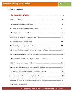 Co 
Facebook Hacking – Raj Chandel 
2011 
C o p y r i g h t  w w w . h a c k i n g a r t i c l e s . i n  
 
Page 2 
Table