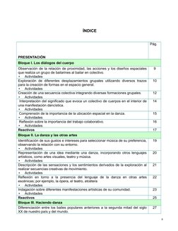 ÍNDICE
PRESENTACIÓN
Pág.
Bloque I. Los diálogos del cuerpo
Observación de la relación de proximidad, las acciones y los diseñ