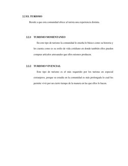 2.2 EL TURISMO 
     Reside a que esta comunidad ofrece al turista una experiencia distinta. 
 
2.2.1 TURISMO MOMENTANEO