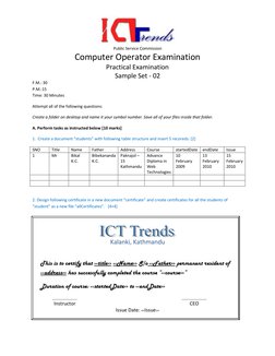 Public Service Commission 
Computer Operator Examination 
Practical Examination 
Sample Set - 02 
F.M.: 30 
P.M.:15 
Time: