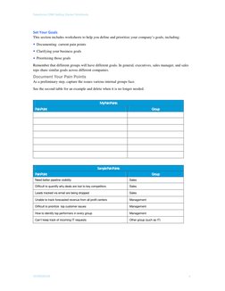 Salesforce CRM Getting Started Workbook
WORKBOOK
4
Set Your Goals
This section includes worksheets to help you define and