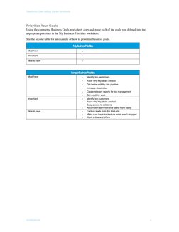 Salesforce CRM Getting Started Workbook
WORKBOOK
6
Prioritize Your Goals
Using the completed Business Goals worksheet, c