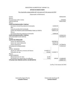 INDUSTRIAS ALIMENTICIAS “AROMA” S.A. 
ESTADO DE RESULTADOS 
Por el periodo comprendido del 1 de marzo al 31 de marzo de 2010