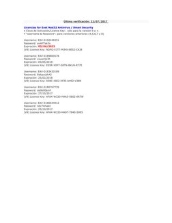 Última verificación: 22/07/2017  
 
Licencias for Eset Nod32 Antivirus / Smart Security  
• Clave de Activación/Licence Key: