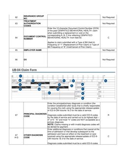 62 
INSURANCE GROUP 
NO.  
 
Not Required 
63 
TREATMENT 
AUTHORIZATION 
CODES  
 
Not Required 
64 
DOCUMENT CONTROL 
NUMBER