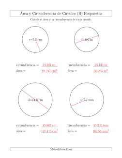 ´Area y Circunferencia de C´ırculos (B) Respuestas
Calcule el ´area y la circunferencia de cada c´ırculo.
r=5.3 cm
circunfere