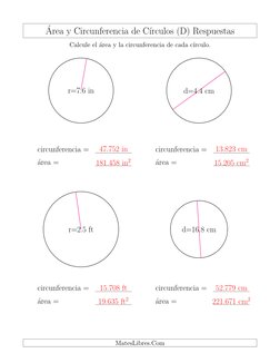 ´Area y Circunferencia de C´ırculos (D) Respuestas
Calcule el ´area y la circunferencia de cada c´ırculo.
r=7.6 in
circunfere