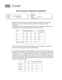 PRACTICA DIRIGIDA  PROBLEMAS DE TRANSPORTE 
 
 
 
1. Supóngase que una empresa tiene 3 plantas en 3 diferentes ciudades de