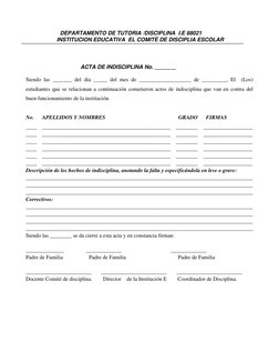 DEPARTAMENTO DE TUTORIA /DISCIPLINA  I.E 88021   
 INSTITUCION EDUCATIVA  EL COMITÉ DE DISCIPL