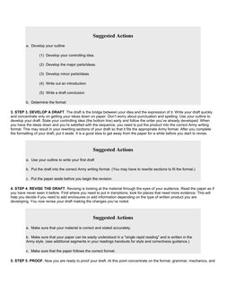Suggested Actions
a.  Develop your outline 
(1)  Develop your controlling idea.
(2)  Develop the major parts/ideas.
(3)  Deve
