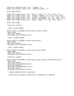 INSERT INTO MATERIA VALUES ('407', 'ALGEBRA','5');
INSERT INTO MATERIA VALUES ('409', 'GEOMETRIA PLANA','4');
SELECT*FROM MAT