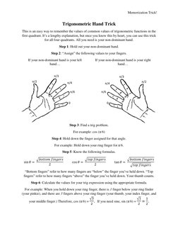 Memorization Trick! 
Trigonometric Hand Trick  
This is an easy way to remember the values of common values of trigonometric