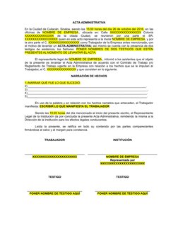 ACTA ADMINISTRATIVA
En la Ciudad de Culiacán, Sinaloa, siendo las 15:00 horas del día 26 de octubre del 2016, en las
oficinas