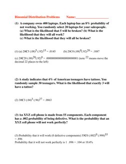 Binomial Distribution Problems        Name:____________________	

(1) A company owns 400 laptops. Each laptop has an 8% prob