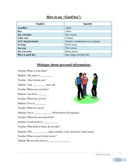 Alpha learning  
 
2 
How to say “Good bye”: 
English  
Spanish  
Goodbye 
Adiós  
Bye 
Adiós 
See you later 
Nos vemos 
Take