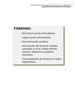Escuela Especial de Lenguaje San Fernando, Los Volcanes.
Organización del Repertorio Fonético
5
FONEMAS:
- Reconocer punto ar