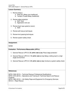 Lesson Plan 
NFPA 1006 Chapter 5 - General Rescuer JPR’s 
© Southwest Fire Academy 
 
Page 4 of 5 
 
 
Lesson Summary: 
 
1.