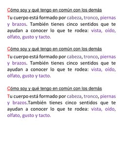 Cómo soy y qué tengo en común con los demás 
Tu cuerpo está formado por cabeza, tronco, piernas 
y brazos. También tienes cin