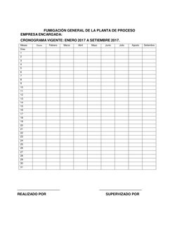 FUMIGACIÓN GENERAL DE LA PLANTA DE PROCESO 
EMPRESA ENCARGADA: 
 
CRONOGRAMA VIGENTE: ENERO 2017 A SETIEMBRE 2017.