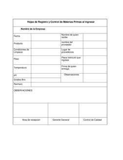Hojas de Registro y Control de Materias Primas al ingresar 
Nombre de la Empresa: 
 
Fecha 
 
Nombre de quien 
recibe