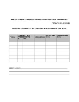 MANUAL DE PROCEDIMIENTOS OPERATIVOS ESTÁNDAR DE SANEAMIENTO 
FORMATO 02 – POES 01 
 
REGISTRO DE LIMPIEZA DEL
