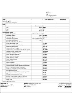 Teléfono:    
Fax:
VAT Registration No.:
Notas
Valor especificado
Valor medido
Pares de apriete
Instrucciones de la culata