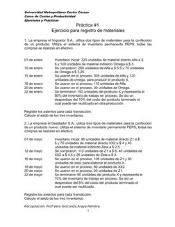 Universidad Metropolitana Castro Carazo
Curso de Costos y Productividad
Ejercicios y Prácticas
Práctica #1 
Ejercicio para re