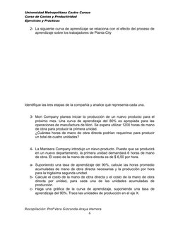 Universidad Metropolitana Castro Carazo
Curso de Costos y Productividad
Ejercicios y Prácticas
2- La siguiente curva de apren