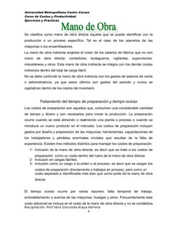 Universidad Metropolitana Castro Carazo
Curso de Costos y Productividad
Ejercicios y Prácticas
Se clasifica como mano de obra