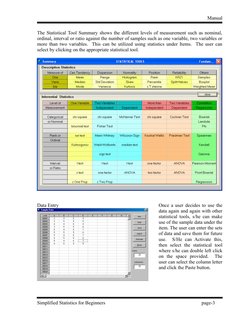 Manual
The Statistical Tool Summary shows the different levels of measurement such as nominal,
ordinal, interval or ratio aga