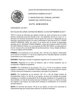 JUICIO DE REIVINDICAION DE PARCELA EJIDAL 
                                          EXPED