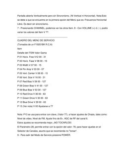 Pantalla abierta Verticalmente pero sin Sincronismo. (Ni Vertical ni Horizontal). Nota:Esto 
se debe a que se encuentra en la