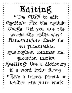 Editing 
• Use CUPS to edit. 
Capitals: Fix the capitals. 
Usage: Did you use the 
words the right way? 
Punctuation: Check f