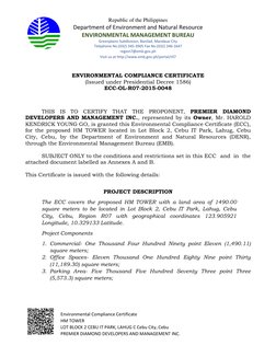 Environmental Compliance Certificate 
HM TOWER 
LOT BLOCK 2 CEBU IT PARK, LAHUG C Cebu City, Cebu 
PREMIER DIAMOND DEVE