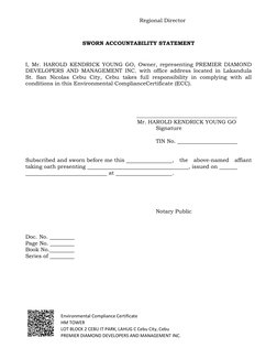 Environmental Compliance Certificate 
HM TOWER 
LOT BLOCK 2 CEBU IT PARK, LAHUG C Cebu City, Cebu 
PREMIER DIAMOND DEVE