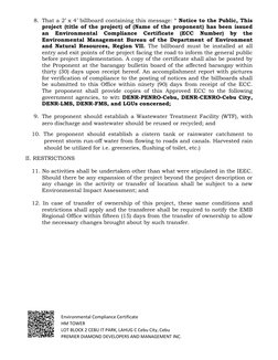 Environmental Compliance Certificate 
HM TOWER 
LOT BLOCK 2 CEBU IT PARK, LAHUG C Cebu City, Cebu 
PREMIER DIAMOND DEVE