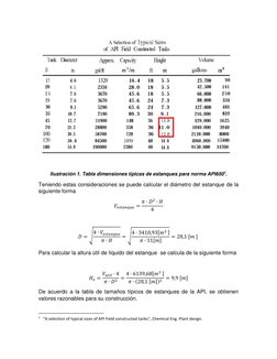 Ilustración 1. Tabla dimensiones típicas de estanques para norma API6501. 
Teniendo estas consideraciones se puede calcular