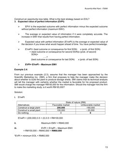 Ruzanita Mat Rani - FSKM
Construct an opportunity loss table. What is the best strategy based on EOL?
3.
Expected value of pe