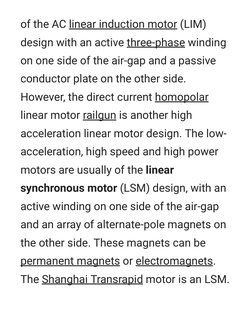 of the AC linear induction motor  (https://en.m.wikipedia.org/wiki/Linear_induction_motor)(LIM)
design with an active three-p