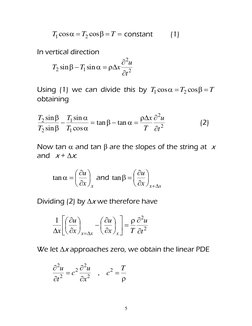 5 
 





T
T
T
cos
cos
2
1
 constant  
(1) 
 
In vertical direction 
 
2
2
1
2
sin
sin
t
u
x
T
T








